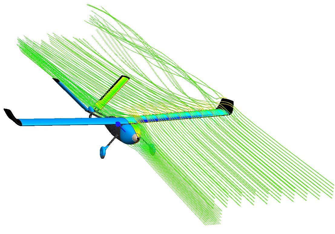 Assessing the aerodynamic performance of a fixed-wing drone at various angles of attack in SOLIDWORKS Flow Simulation.