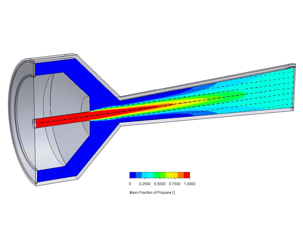The mixing performance of a venturi for a Propane gas burner is assessed using SOLIDWORKS Flow Simulation.