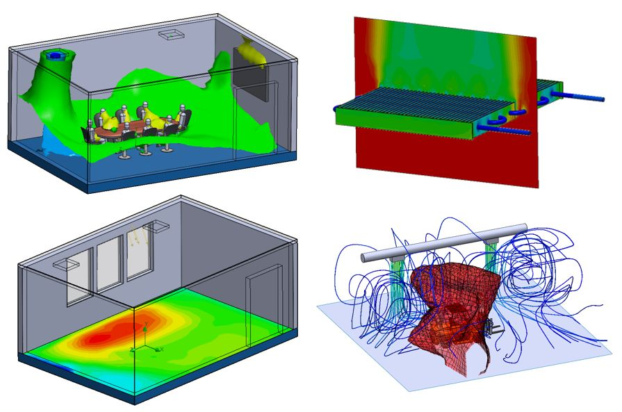A variety of HVAC-style problems monitoring indoor air quality and trace contaminent disbursement created for a CFD training course.