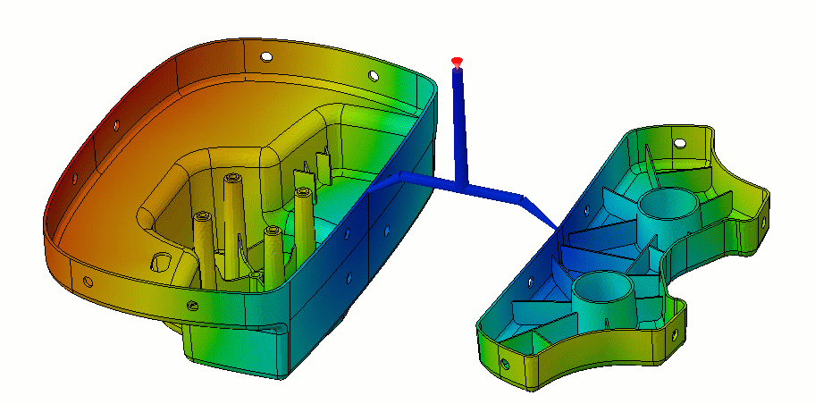 Mold filling analysis for an injection mold 'family mold' using two dissimilar parts, performed in SOLIDWORKS Platsics.