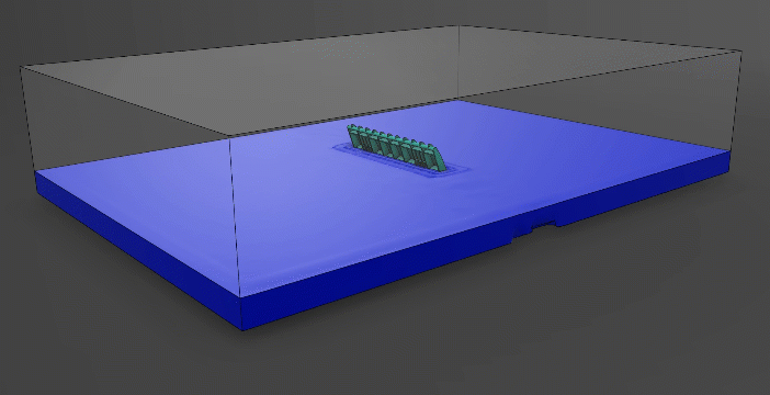 Open-channel water flow past a river dam simulated in SIMULIA Fluid Dynamics Engineer utilizing the Volume of Fluids (VoF) treatment for free surface interactions.