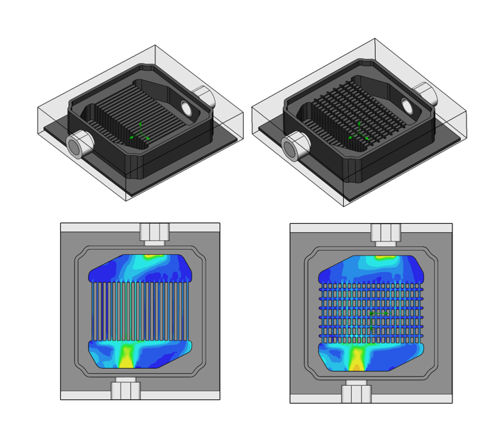 Before and after optimization efforts for a liquid-cooling CPU waterblock.
