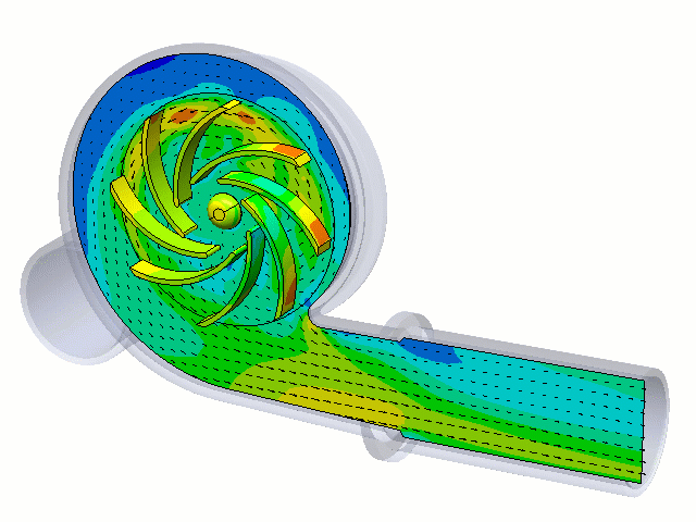 Analysis of a centripetal-style impeller water pump and volute in SOLIDWORKS Flow Simulation utilizing sliding mesh approach. Pump head and efficiency curves were calculated virtually.