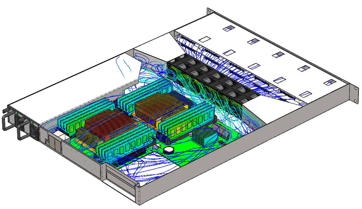 Thermal analysis of a dual CPU 1-U Rackmount Server using SOLIDWORKS Flow Simulation. Both air-cooled and liquid-cooled configurations were assessed.