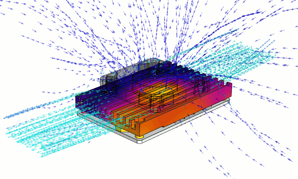 Thermal analysis of a compact fan-cooled mini PC using SOLIDWORKS Flow Simulation.